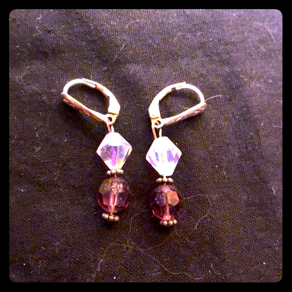 Sterling silver and purple/pink crystal ear drops